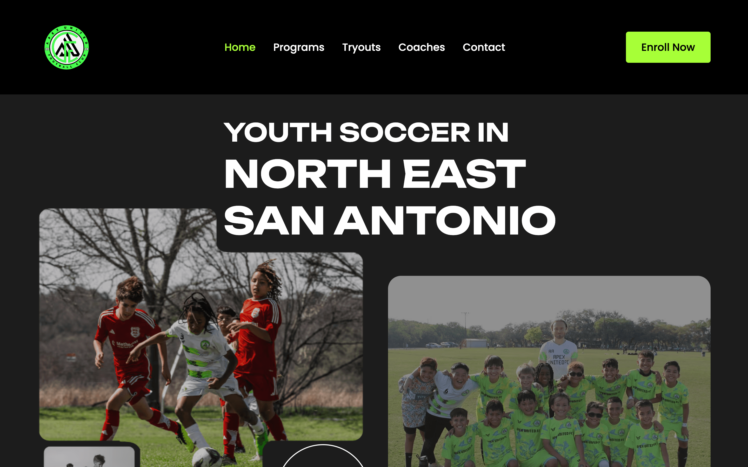 Apex United FC homepage built by ByteSimple for a San Antonio youth soccer club