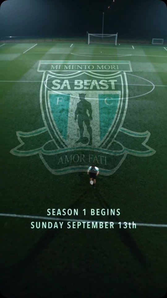 The SA Beast FC crest on a soccer pitch